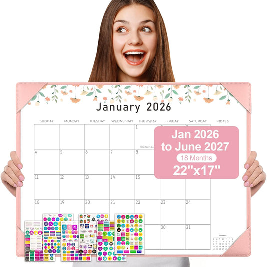 Desk Calendar 2026 with Desktop Mat, Simplified Large 22" x 17" Desktop Pad Calendar, 18 Month Desk Calendar, Use Jan 2026 to June 2027, Office Supplies Perfect for Home School and Office - Pink(6 Stickers Included)
