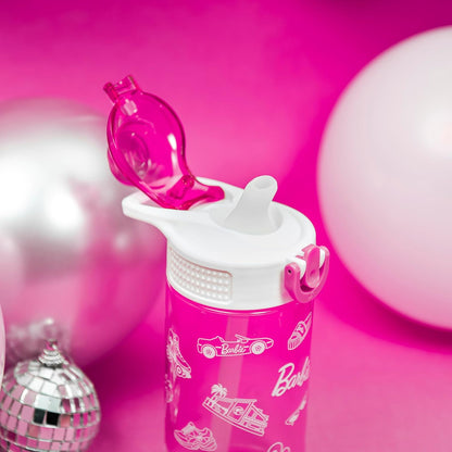 Barbie Water Bottle for Travel/School/Home, 16 oz, Durable Plastic Water Bottle With Straw, Handle, and Leak-Proof, Pop-Up Spout Cover