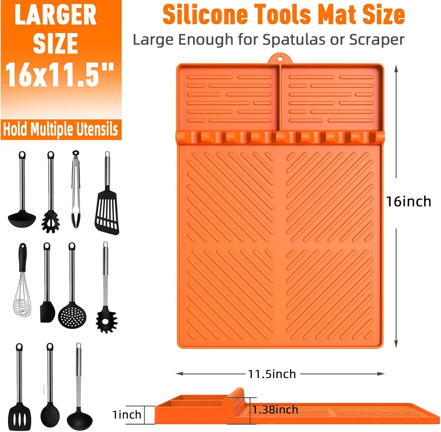 Silicone Grill Mat 16"x11.5", BBQ Griddle Tools Mat with Drip Pad, Spatula Mat for Outdoor Kitchen Counter, Gifts for Men (Orange)