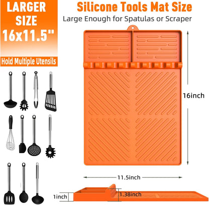 Silicone Grill Mat 16"x11.5", BBQ Griddle Tools Mat with Drip Pad, Spatula Mat for Outdoor Kitchen Counter, Gifts for Men (Orange)