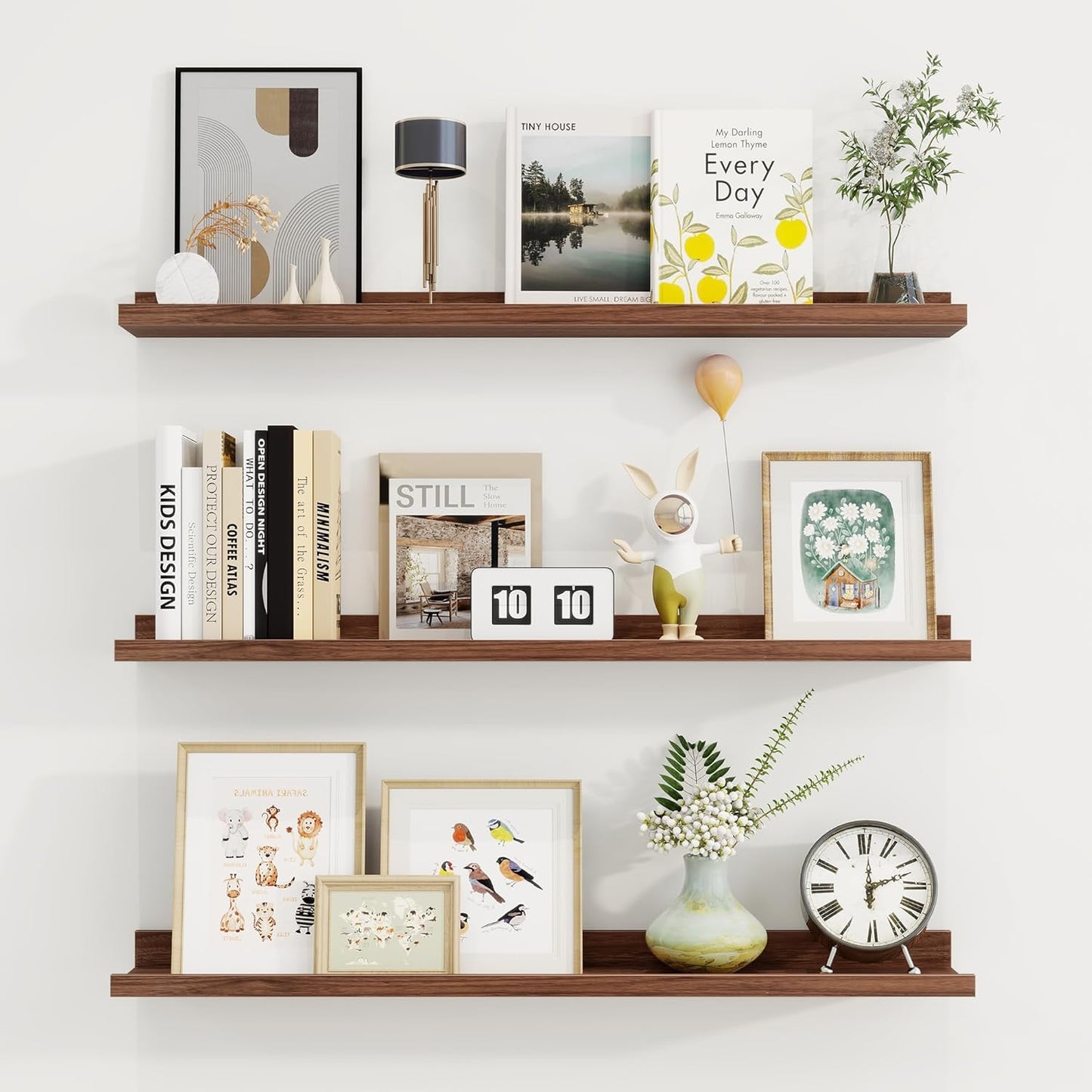 Set of 3 Walnut Picture Ledge Shelves (36 Inch) - U-Shaped Floating Wall Mount for Photos, Vinyl Records & Decor - Modern Display Ledge