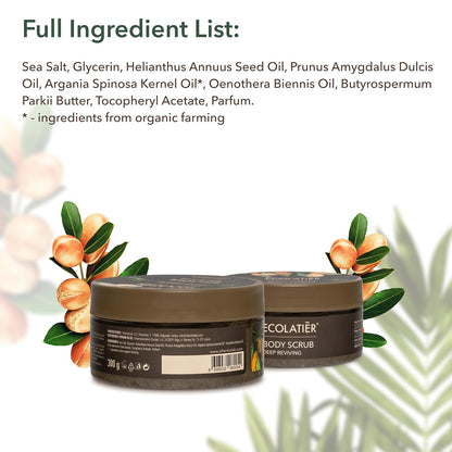 Body Scrub with Organic Argan Oil – Deep Reviving Salt Exfoliating Body Scrub 99.3% Natural, Vegan, Gentle Hydrating Scrub for Smooth Skin, 8.5 Fl Oz