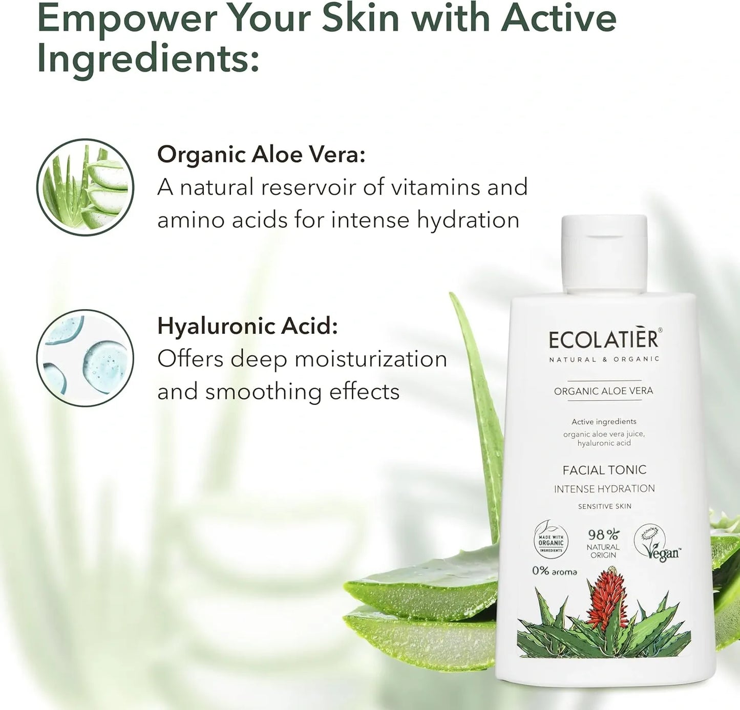 ECOLATIÈR Toner for Face with Organic Aloe Vera – Intense Hydration, Vegan, 98% Natural, Moisturizing & Soothing for Sensitive Skin, Gentle Daily Use, Tones & Softens, 8.5 Fl Oz / 250ml