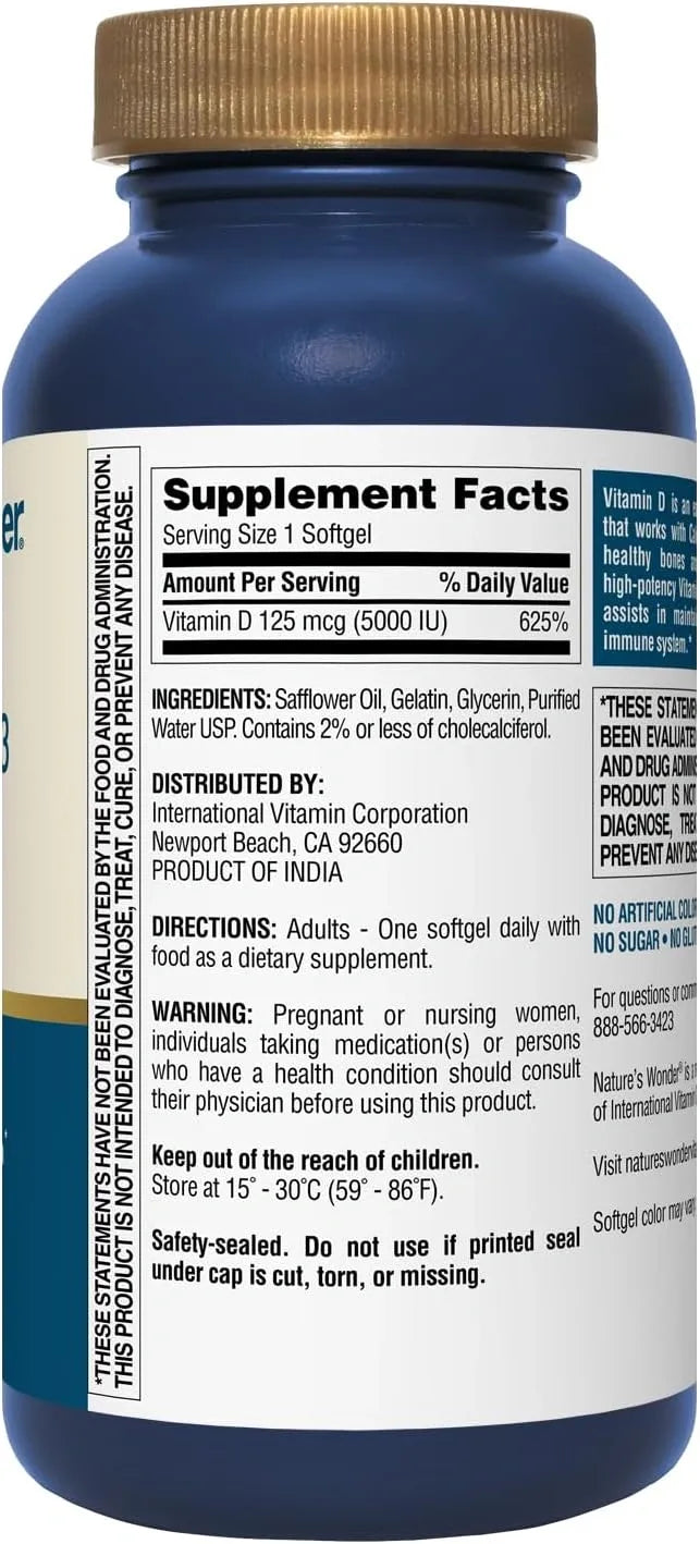 Nature's Wonder Vitamin D3 5000iu (125mcg) High Potency, Dietary Supplement to Support Bone Health and Immune System, Gluten Free, 360 Softgels
