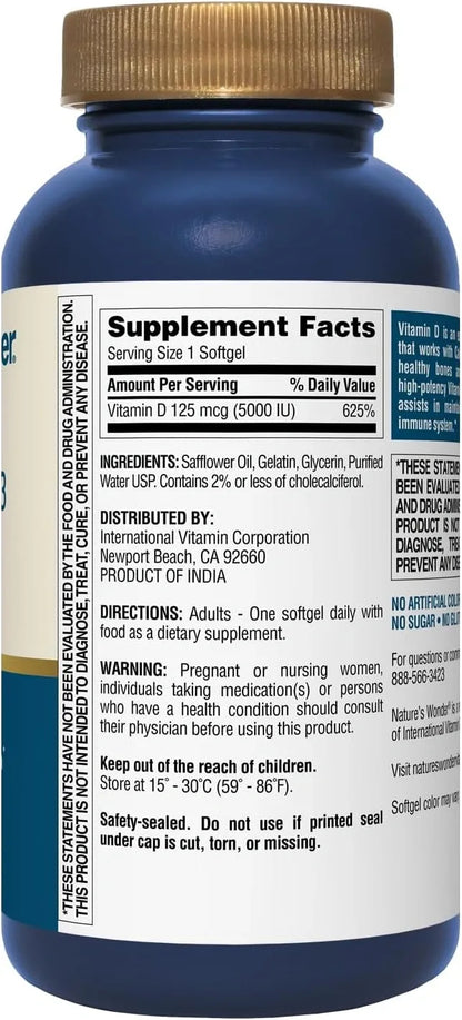 Nature's Wonder Vitamin D3 5000iu (125mcg) High Potency, Dietary Supplement to Support Bone Health and Immune System, Gluten Free, 360 Softgels