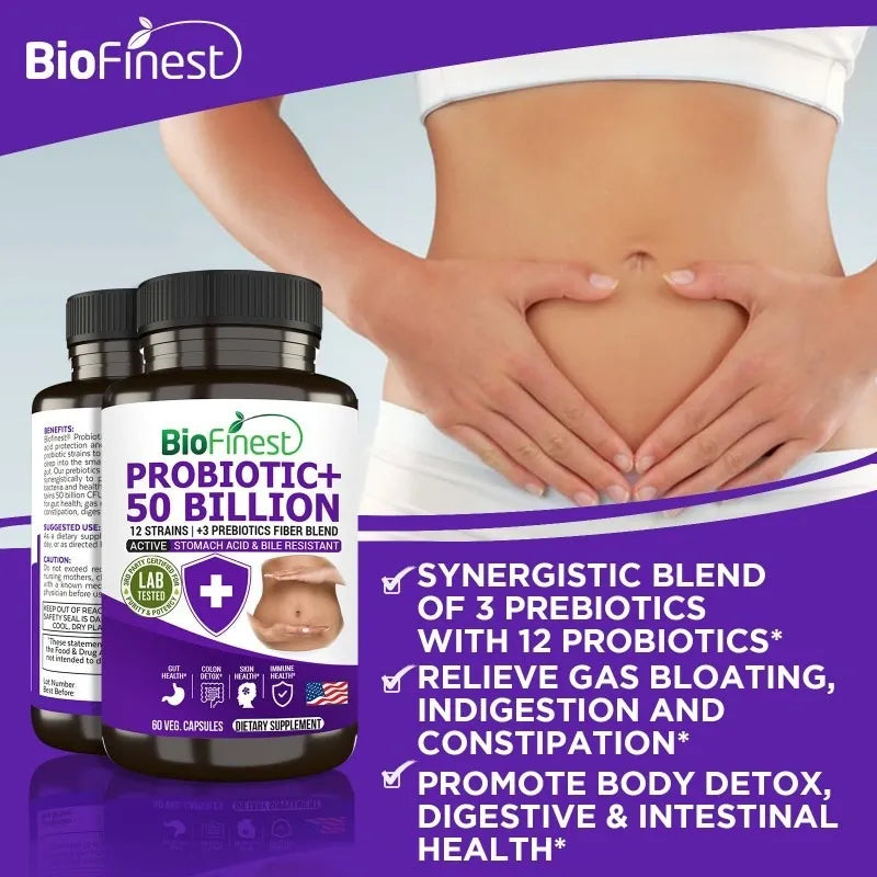 Biofinest Probiotic 50 Billion CFU Enzyme Supplement - 12 Probiotics Strains with 3 Prebiotics (60 veg. caps)