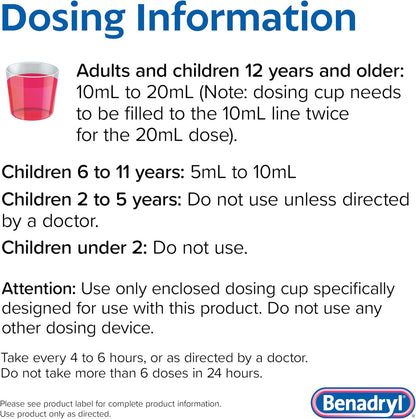 Benadryl Allergy Medicine, Liquid Diphenhydramine HCl Antihistamines for Adults, Alcohol-Free, Hay Fever Allergy Relief for Sneezing, Runny Nose, Itchy & Watery Eyes, Wild Cherry 4 fl oz
