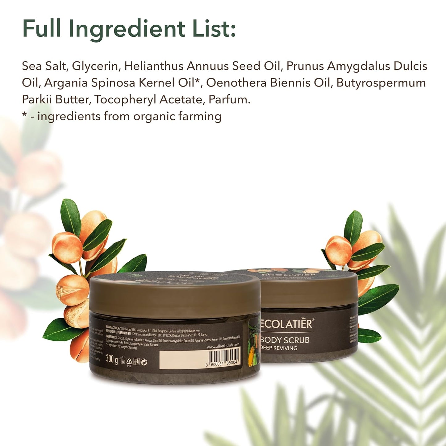 Body Scrub with Organic Argan Oil, 10.6 Fl Oz – Deep Reviving Salt Exfoliating Body Scrub for Women & Men, 99.3% Natural, Vegan, Gentle Hydrating Scrub for Smooth Skin