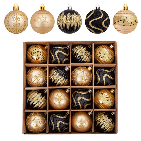 16PCS Black and Gold Shatterproof Plastic Christmas Ball Ornaments