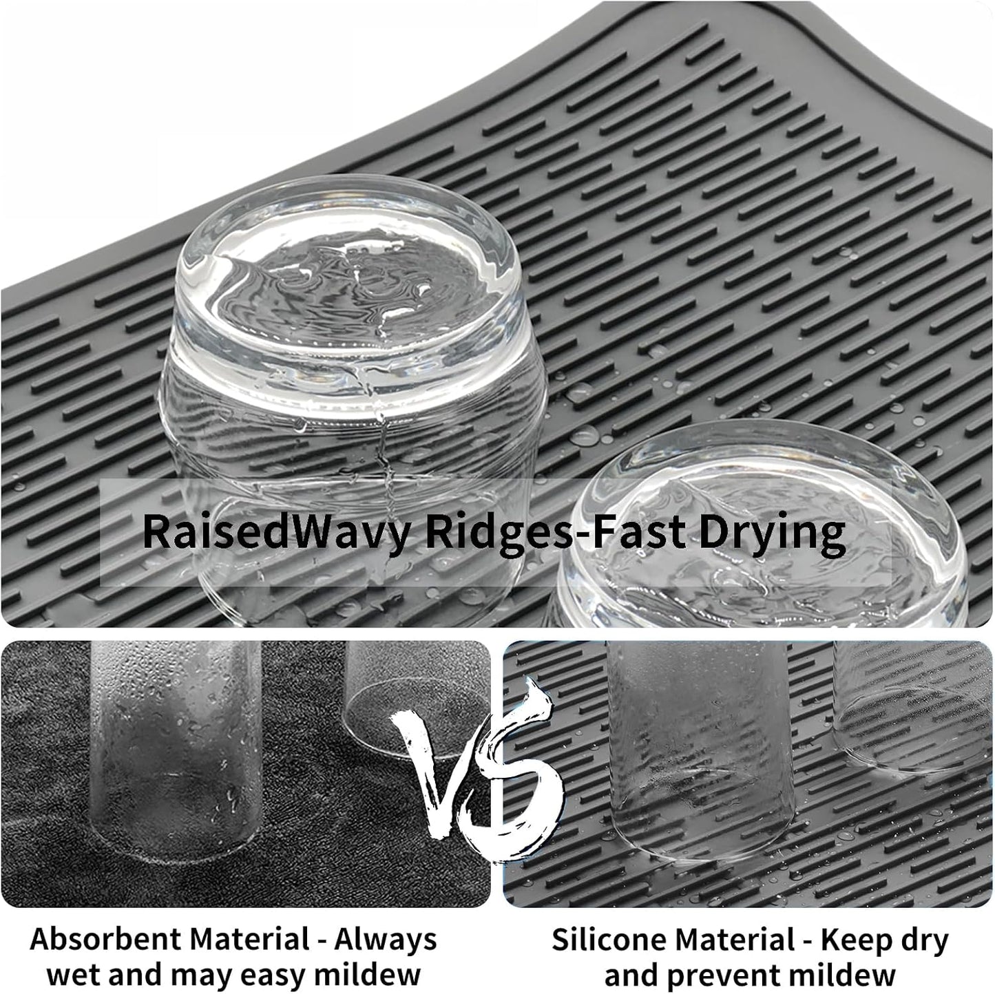 Silicone Dish Drying Mat GREY- 16" x 18" - for Kitchen Counter, Eco-Friendly Fast Dry Dish Mat, Easy Clean Multi Usage Drying Matt, Heat Resistant Trivet