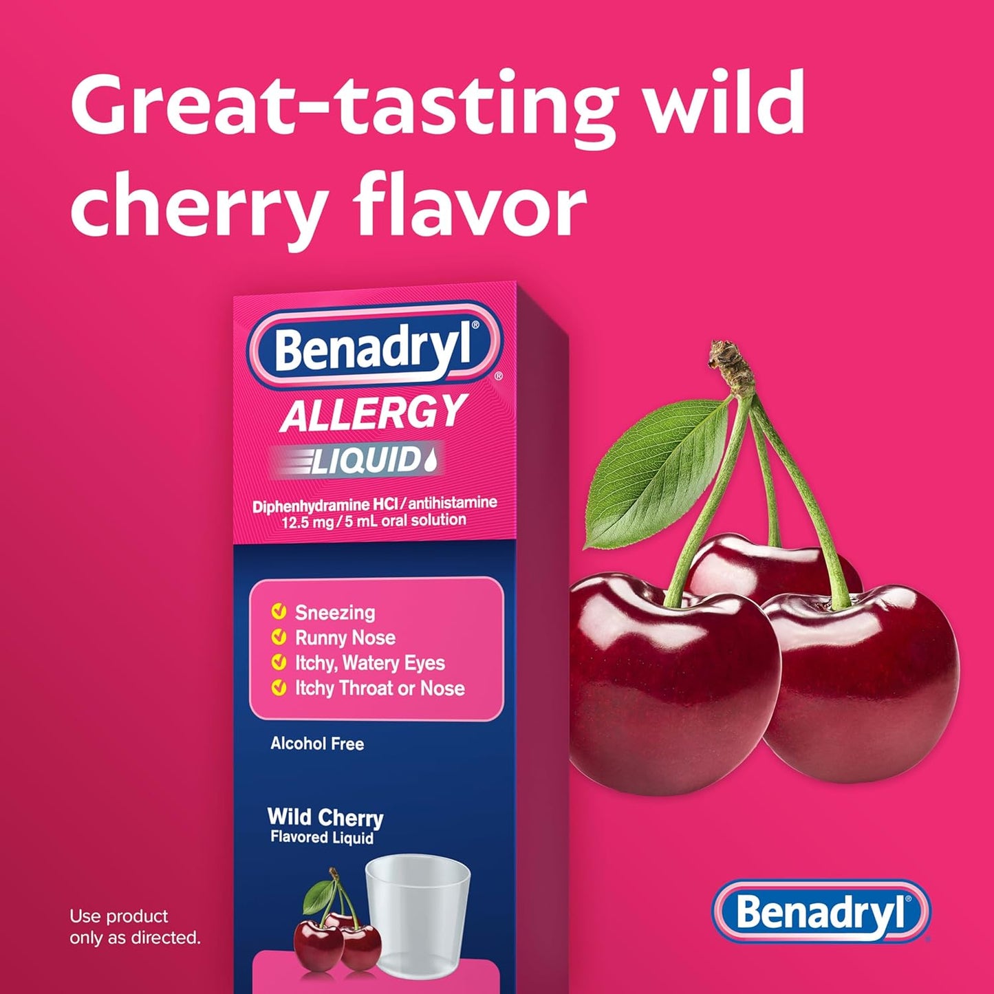 Benadryl Allergy Medicine, Liquid Diphenhydramine HCl Antihistamines for Adults, Alcohol-Free, Hay Fever Allergy Relief for Sneezing, Runny Nose, Itchy & Watery Eyes, Wild Cherry 4 fl oz