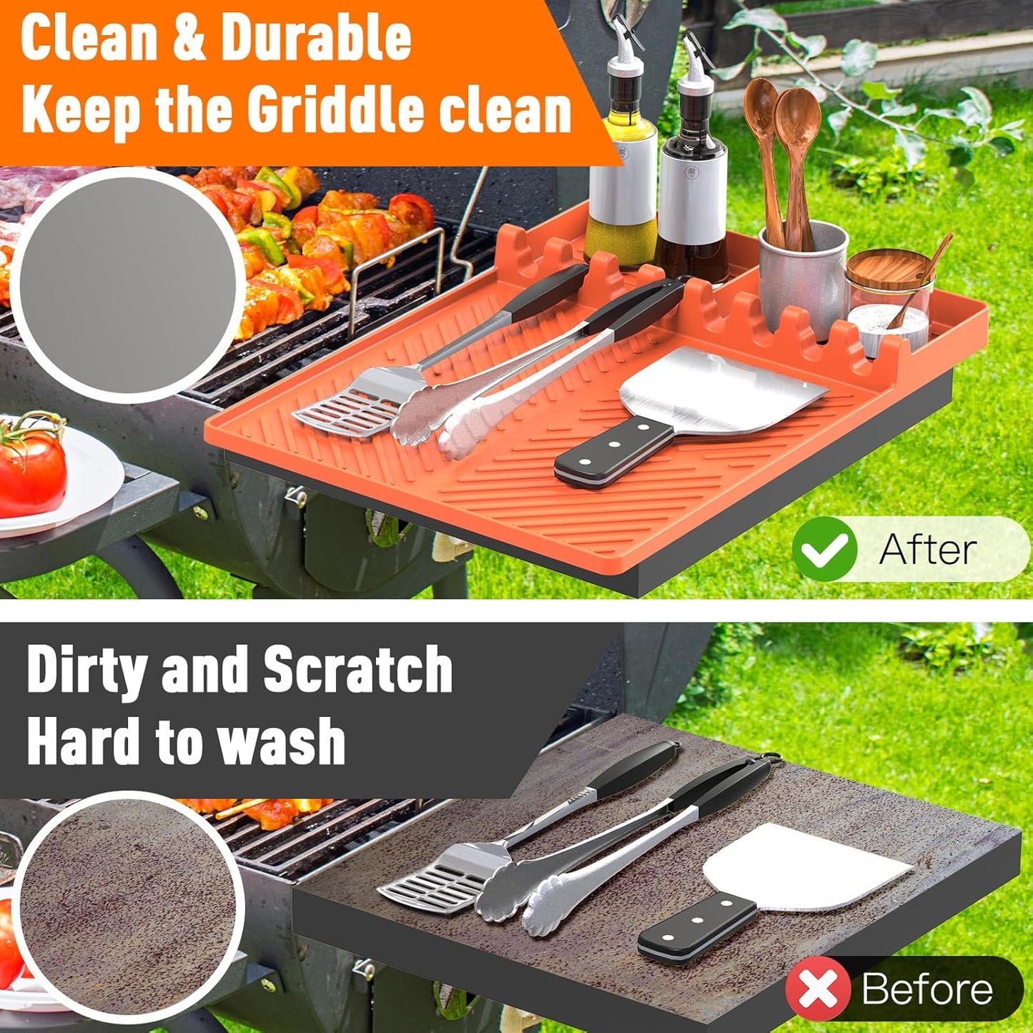 Silicone Grill Mat 16"x11.5", BBQ Griddle Tools Mat with Drip Pad, Spatula Mat for Outdoor Kitchen Counter, Gifts for Men (Orange)