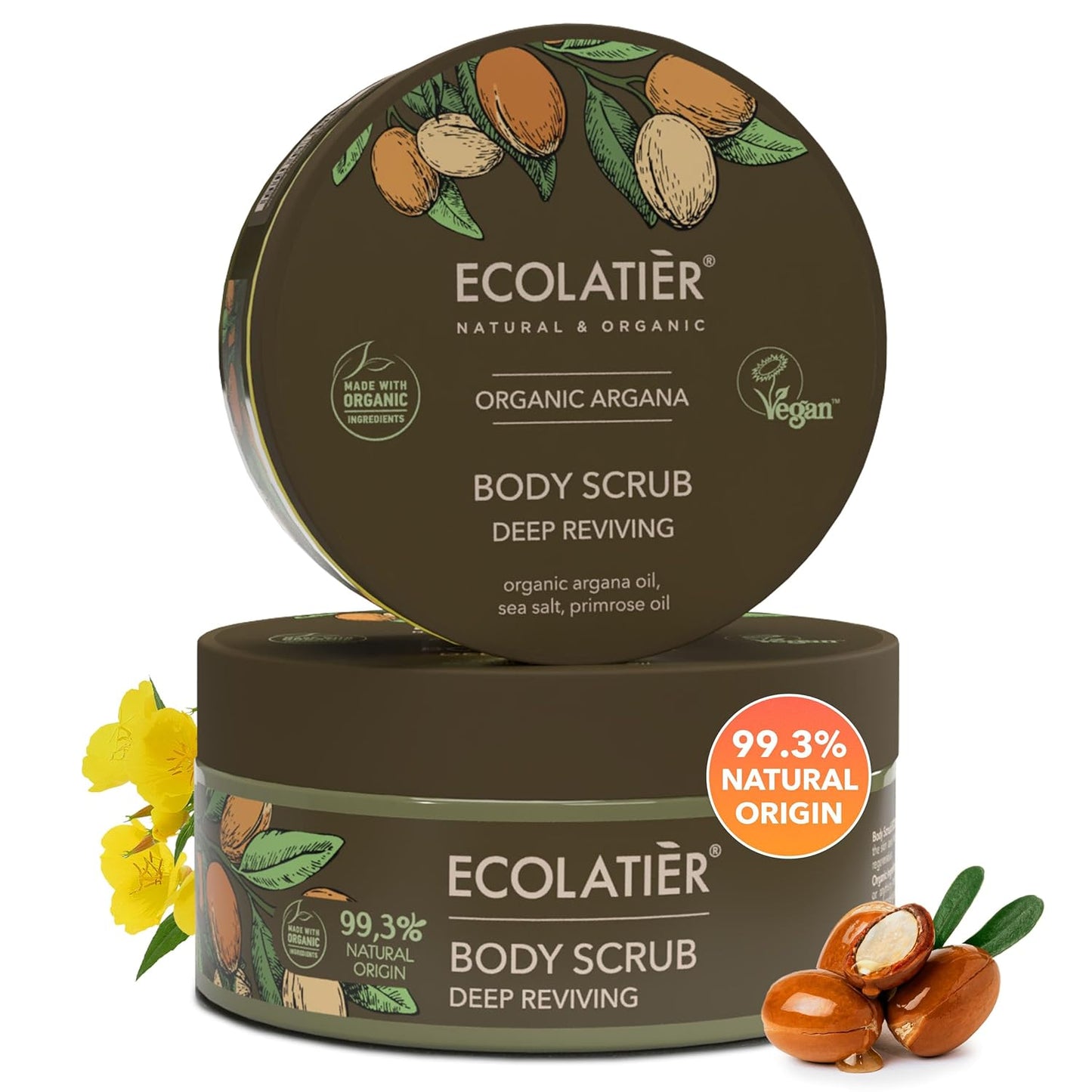 Body Scrub with Organic Argan Oil, 10.6 Fl Oz – Deep Reviving Salt Exfoliating Body Scrub for Women & Men, 99.3% Natural, Vegan, Gentle Hydrating Scrub for Smooth Skin