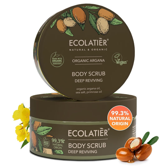 Body Scrub with Organic Argan Oil, 10.6 Fl Oz – Deep Reviving Salt Exfoliating Body Scrub for Women & Men, 99.3% Natural, Vegan, Gentle Hydrating Scrub for Smooth Skin