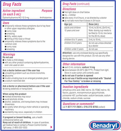 Benadryl Allergy Medicine, Liquid Diphenhydramine HCl Antihistamines for Adults, Alcohol-Free, Hay Fever Allergy Relief for Sneezing, Runny Nose, Itchy & Watery Eyes, Wild Cherry 4 fl oz