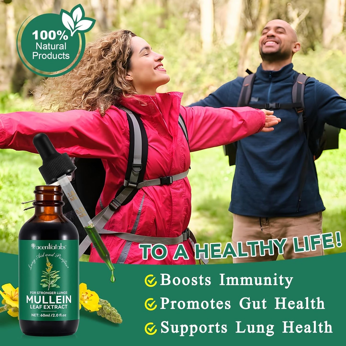 Mullein Drops for Lungs 2 Fl Oz - Mullein Leaf Extract for Lungs with Chlorophyll - Natural Herbal Supplement for Lung Cleanse, Respiratory Support, Boosts Immunity, Digestive Wellness