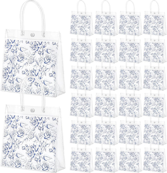 24 Pcs Blue Floral Gift Bags with Handles 7.87 x 7.87 x 3.15 Inch Blue Floral Print Treat Bags Tote Clear PVC for Wedding Engagement Birthday Bridal Shower Favors