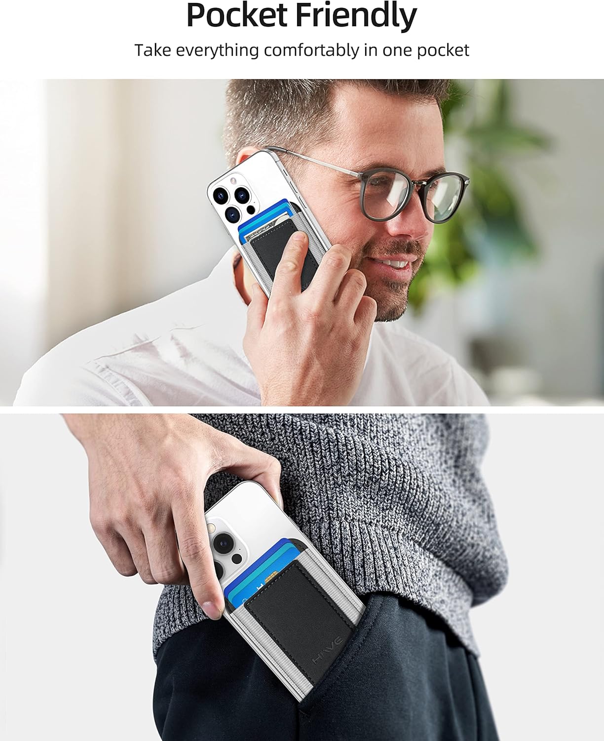 2 Pack Card Holder for Phone Case, Leather Phone Wallet Stick On, Strongest Adhesive Phones Wallet BLACK/GRAY for iPhone/Android, Minimalist Slim RFID, Fit 7 Cards