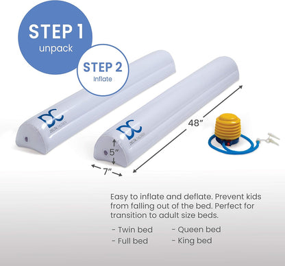 Inflatable Bed Rails for Toddlers & Kids with Foot Pump (2 Pack) - Leak-Proof Portable Guardrails Great for Travel or at Home, White