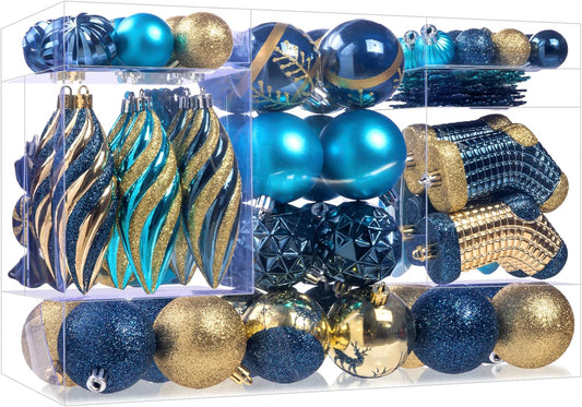 87Pcs Blue and Gold Christmas Ball Ornaments Set, Assorted Shatterproof Hanging Tree Decorative for Xmas Tree Holiday Party and Home Decor