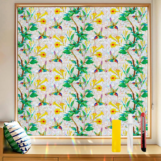 Colorful Bird and Floral Window Privacy Film Stained Glass Window Film Rainbow Window clings Non-Adhesive Reusable Decorative for Room (Hummingbird Bloom, 35.4 x78.7 in)