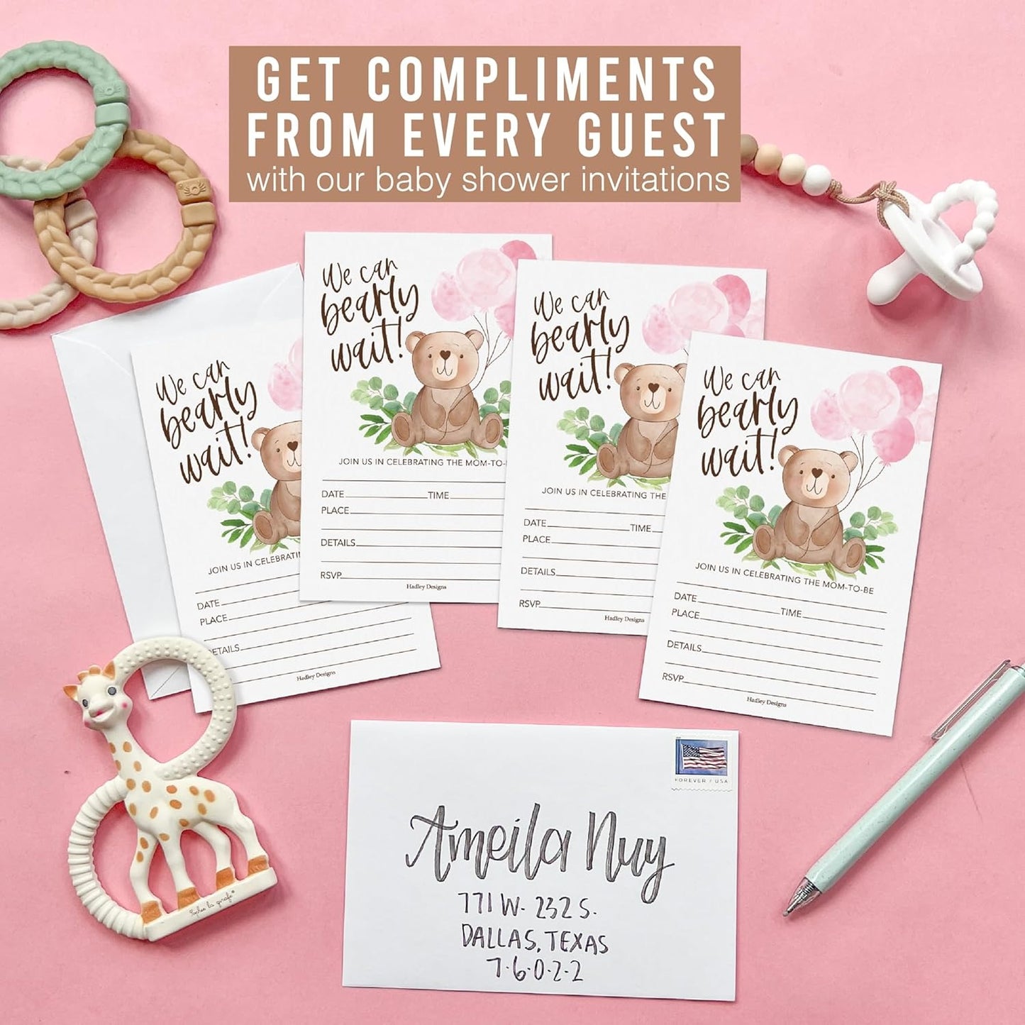 Hadley Designs 15 Bear Baby Shower Invitations for Baby Girl