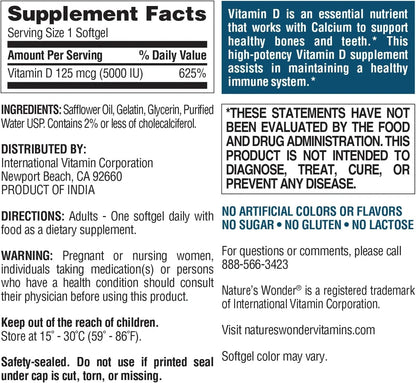 Nature's Wonder Vitamin D3 5000iu (125mcg) High Potency, Dietary Supplement to Support Bone Health and Immune System, Gluten Free, 360 Softgels