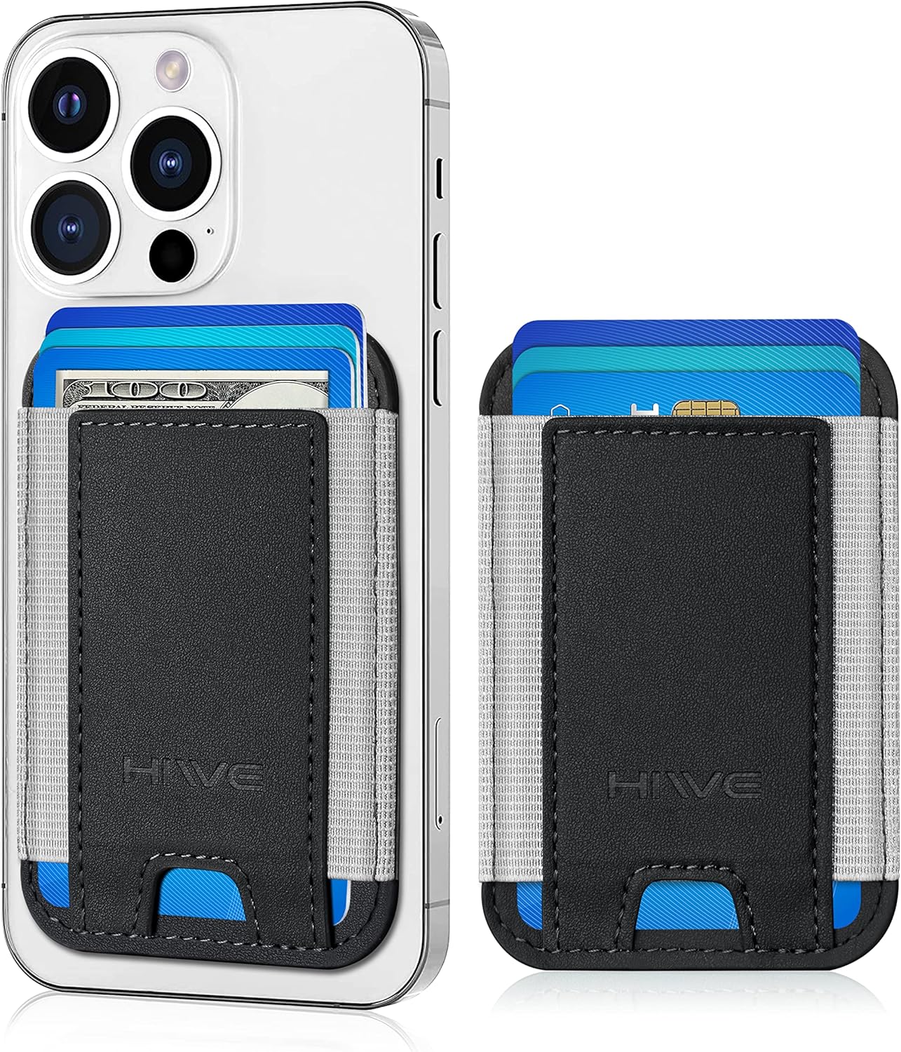 2 Pack Card Holder for Phone Case, Leather Phone Wallet Stick On, Strongest Adhesive Phones Wallet BLACK/GRAY for iPhone/Android, Minimalist Slim RFID, Fit 7 Cards