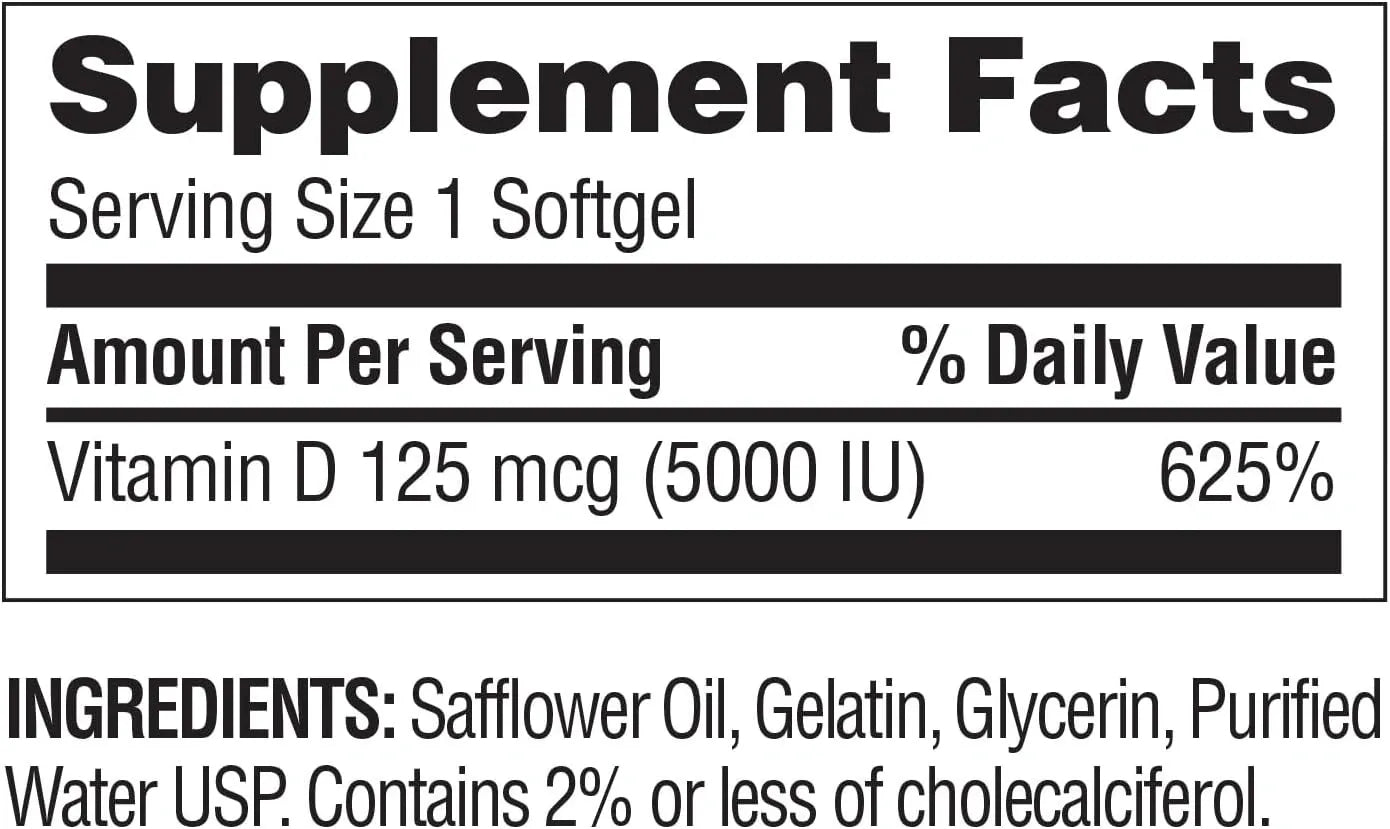 Nature's Wonder Vitamin D3 5000iu (125mcg) High Potency, Dietary Supplement to Support Bone Health and Immune System, Gluten Free, 360 Softgels