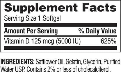 Nature's Wonder Vitamin D3 5000iu (125mcg) High Potency, Dietary Supplement to Support Bone Health and Immune System, Gluten Free, 360 Softgels
