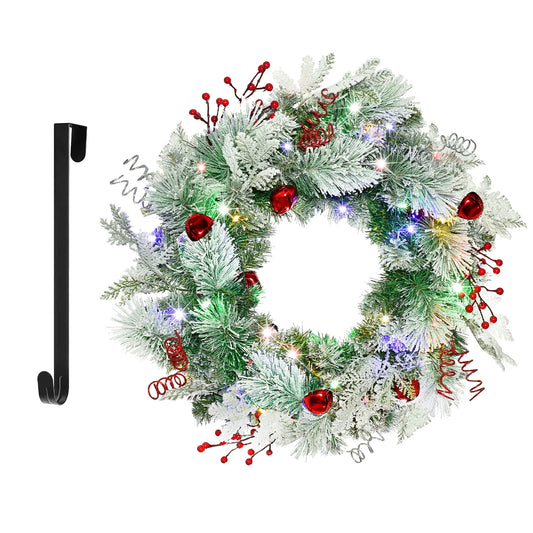 Christmas Wreath for Front Door 24inch - Light Up Artificial Christmas Wreath, Lighted Christmas Wreaths Battery Operated, with Bells and Wreath Hanger, for Front Door Wall Windows Christmas Decoration
