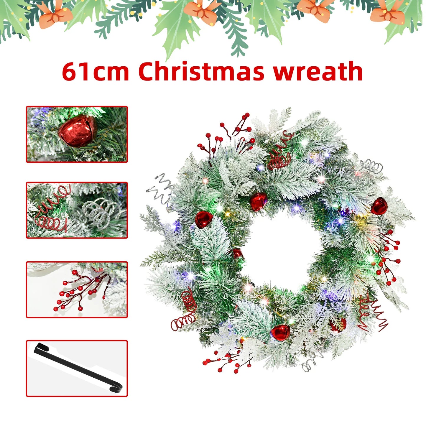 Christmas Wreath for Front Door 24inch - Light Up Artificial Christmas Wreath, Lighted Christmas Wreaths Battery Operated, with Bells and Wreath Hanger, for Front Door Wall Windows Christmas Decoration