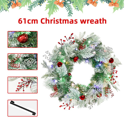Christmas Wreath for Front Door 24inch - Light Up Artificial Christmas Wreath, Lighted Christmas Wreaths Battery Operated, with Bells and Wreath Hanger, for Front Door Wall Windows Christmas Decoration