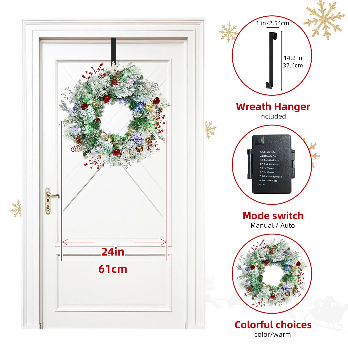 Christmas Wreath for Front Door 24inch - Light Up Artificial Christmas Wreath, Lighted Christmas Wreaths Battery Operated, with Bells and Wreath Hanger, for Front Door Wall Windows Christmas Decoration