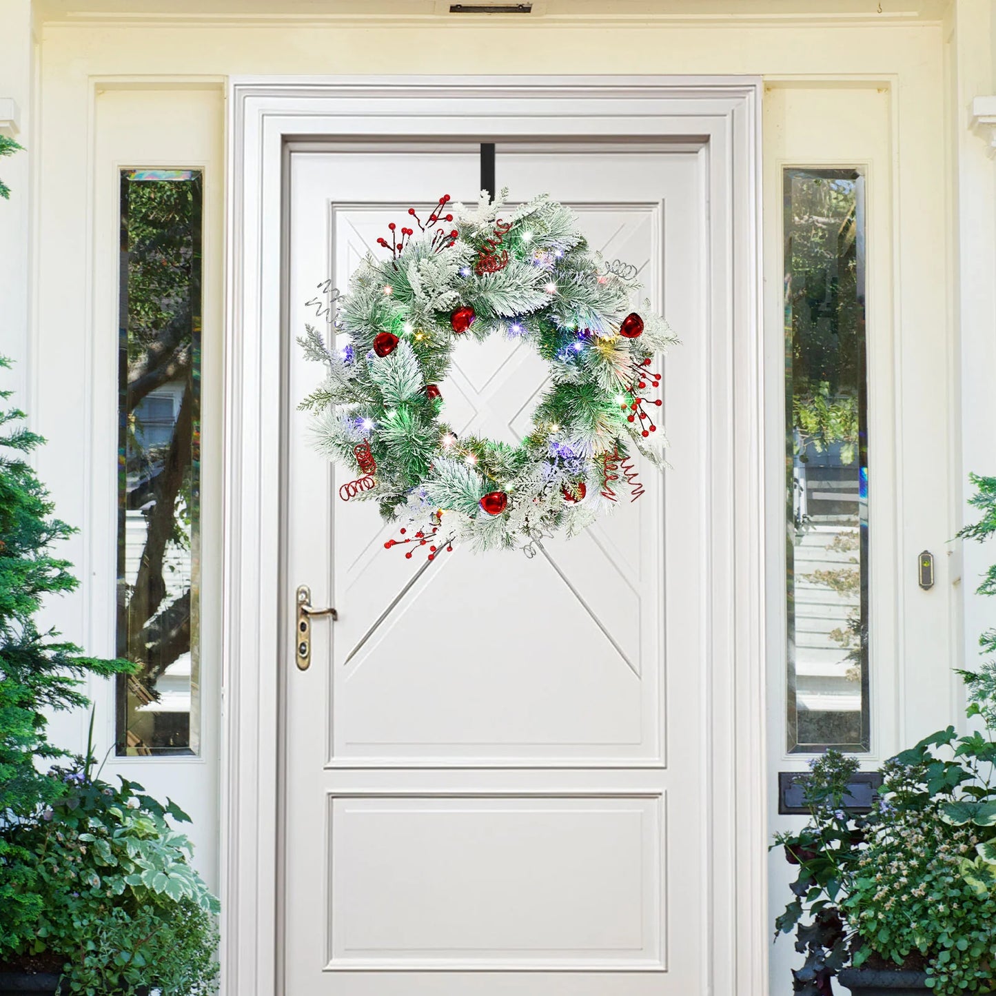 Christmas Wreath for Front Door 24inch - Light Up Artificial Christmas Wreath, Lighted Christmas Wreaths Battery Operated, with Bells and Wreath Hanger, for Front Door Wall Windows Christmas Decoration