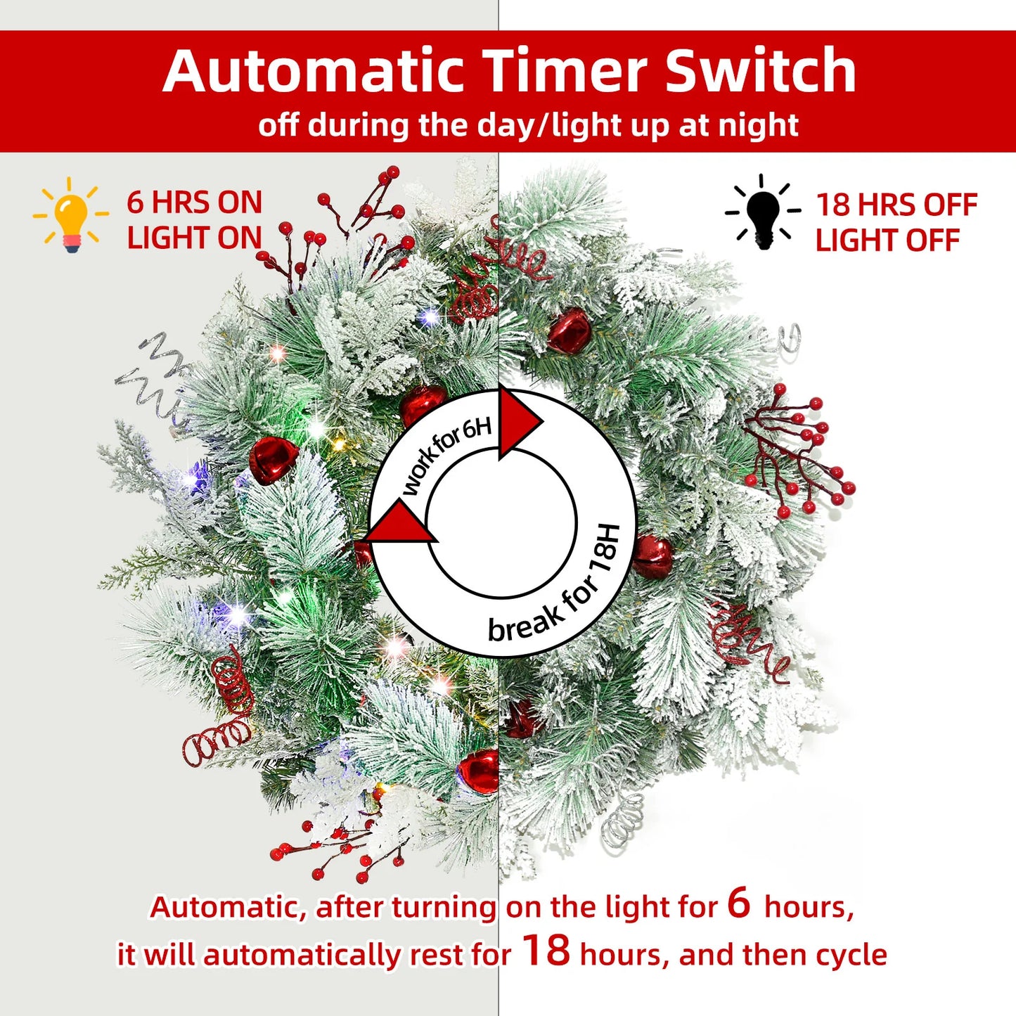 Christmas Wreath for Front Door 24inch - Light Up Artificial Christmas Wreath, Lighted Christmas Wreaths Battery Operated, with Bells and Wreath Hanger, for Front Door Wall Windows Christmas Decoration