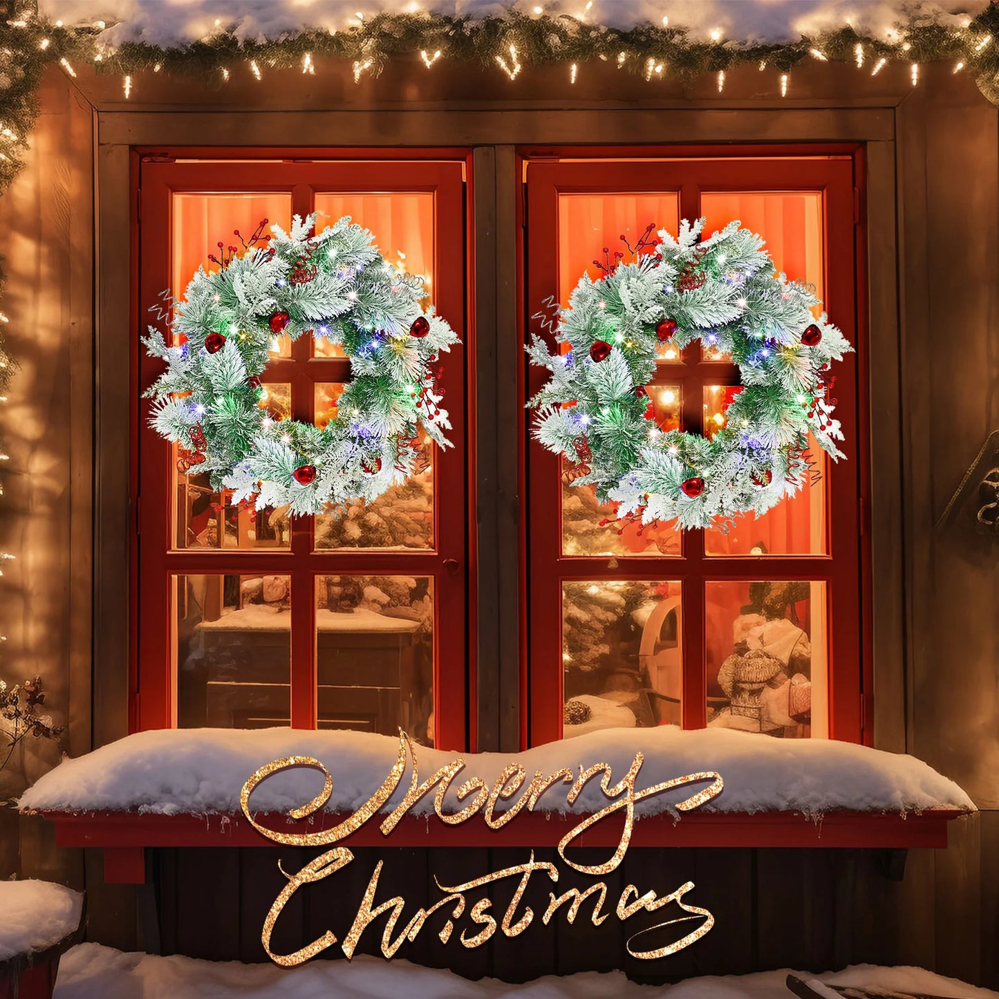 Christmas Wreath for Front Door 24inch - Light Up Artificial Christmas Wreath, Lighted Christmas Wreaths Battery Operated, with Bells and Wreath Hanger, for Front Door Wall Windows Christmas Decoration