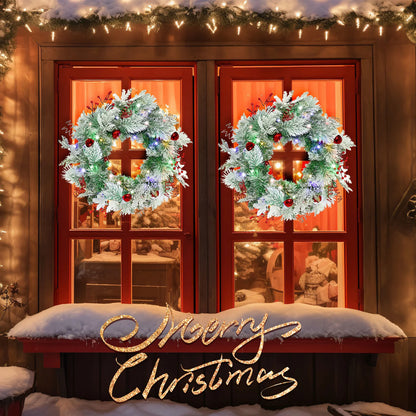 Christmas Wreath for Front Door 24inch - Light Up Artificial Christmas Wreath, Lighted Christmas Wreaths Battery Operated, with Bells and Wreath Hanger, for Front Door Wall Windows Christmas Decoration