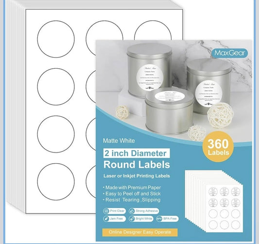 MaxGear 2.5 Inch Round Matte White Labels 360 Pack Compatible with Avery Template 5294