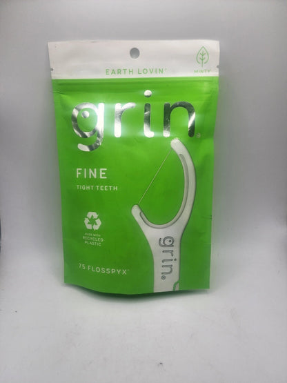 GRIN Clean Flosspyx, Floss Picks, 75 Count, Dental Flossers, Minty Flavor, Recycled Plastic, Super Strong Fine Floss, Tight Teeth, Premium Longer Floss Head, Includes Safe Fold-Back Tooth Pick